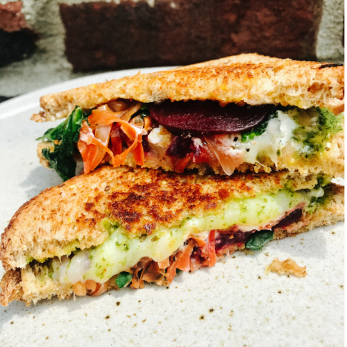 Rainbow grilled cheese with beets, goat cheese, and caramelized onions ...